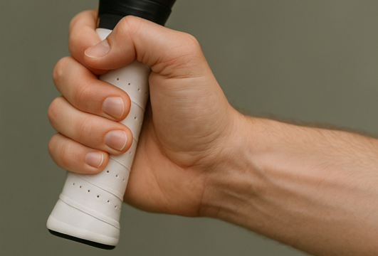 A close-up of a player’s hand gripping the white handle of a black padel racket correctly, with soft natural lighting and a neutral background.