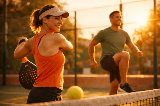 Two players warming up on an outdoor court at golden hour before a padel or pickleball session