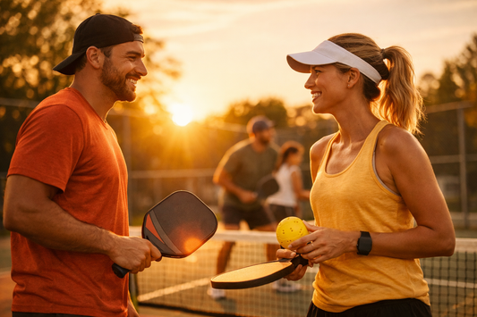 Two pickleball players talking on court during golden hour before a match