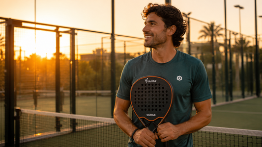 Player holding a VANTA SURGE padel racket fitted with a frame protector on an outdoor padel court